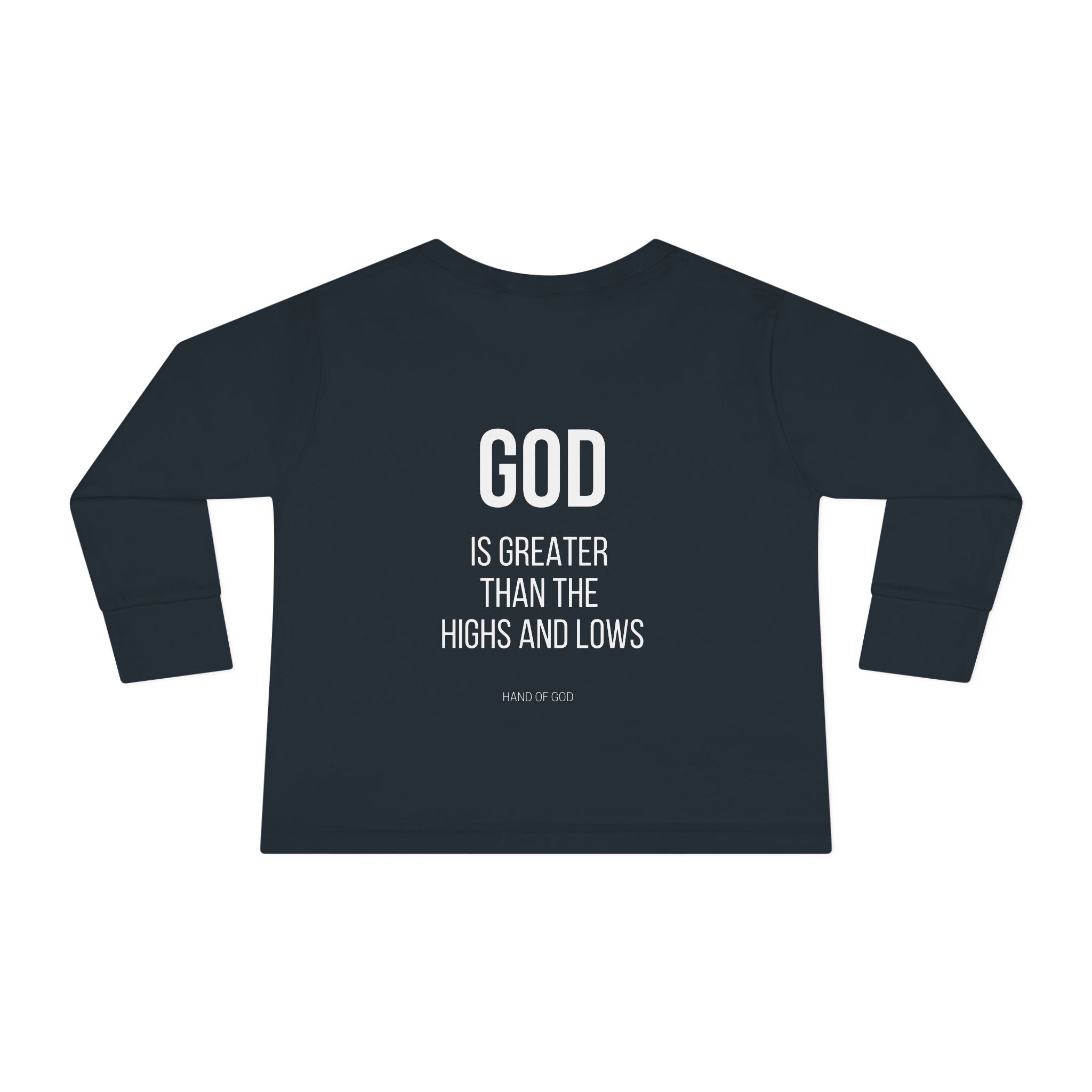 God is Greater Than the Highs and Lows Kids Long Sleeve T-Shirt | Hand of God Christian Apparel