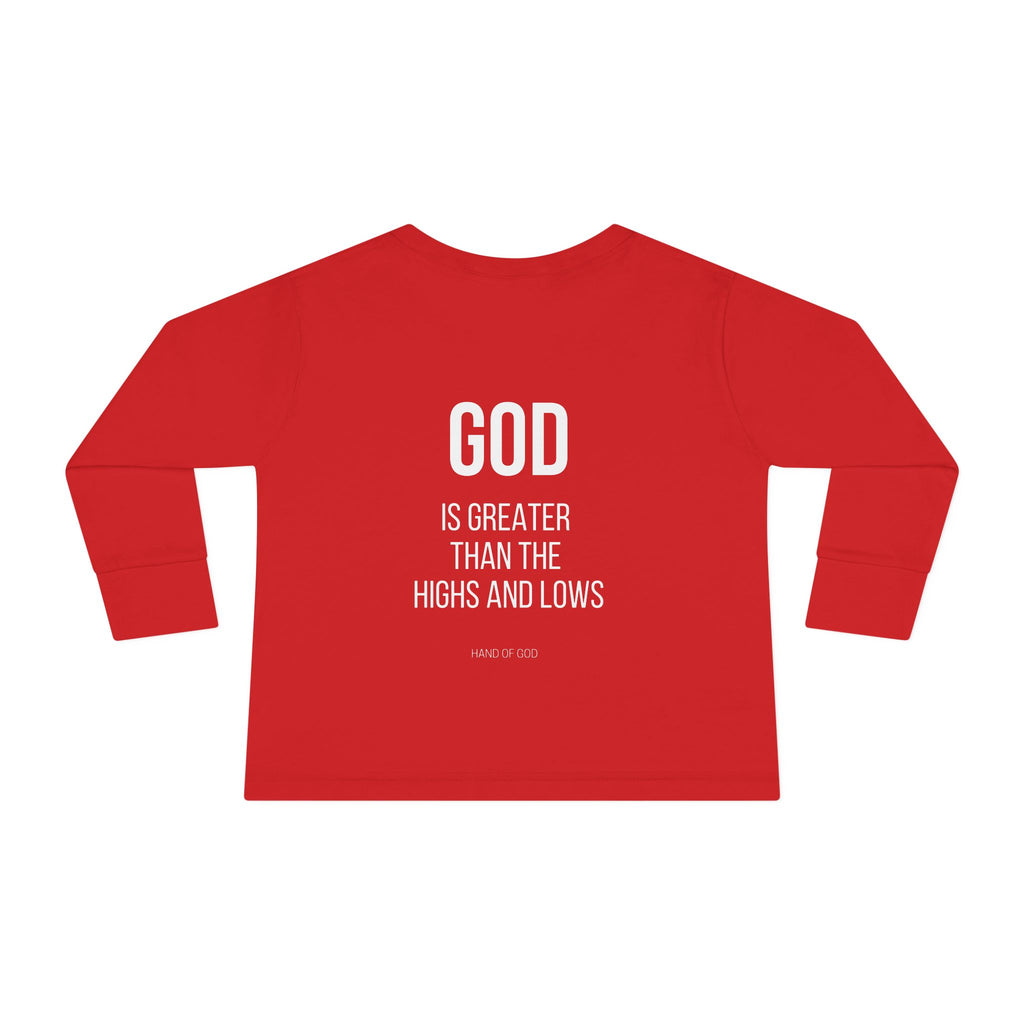 God is Greater Than the Highs and Lows Kids Long Sleeve T-Shirt | Hand of God Christian Apparel