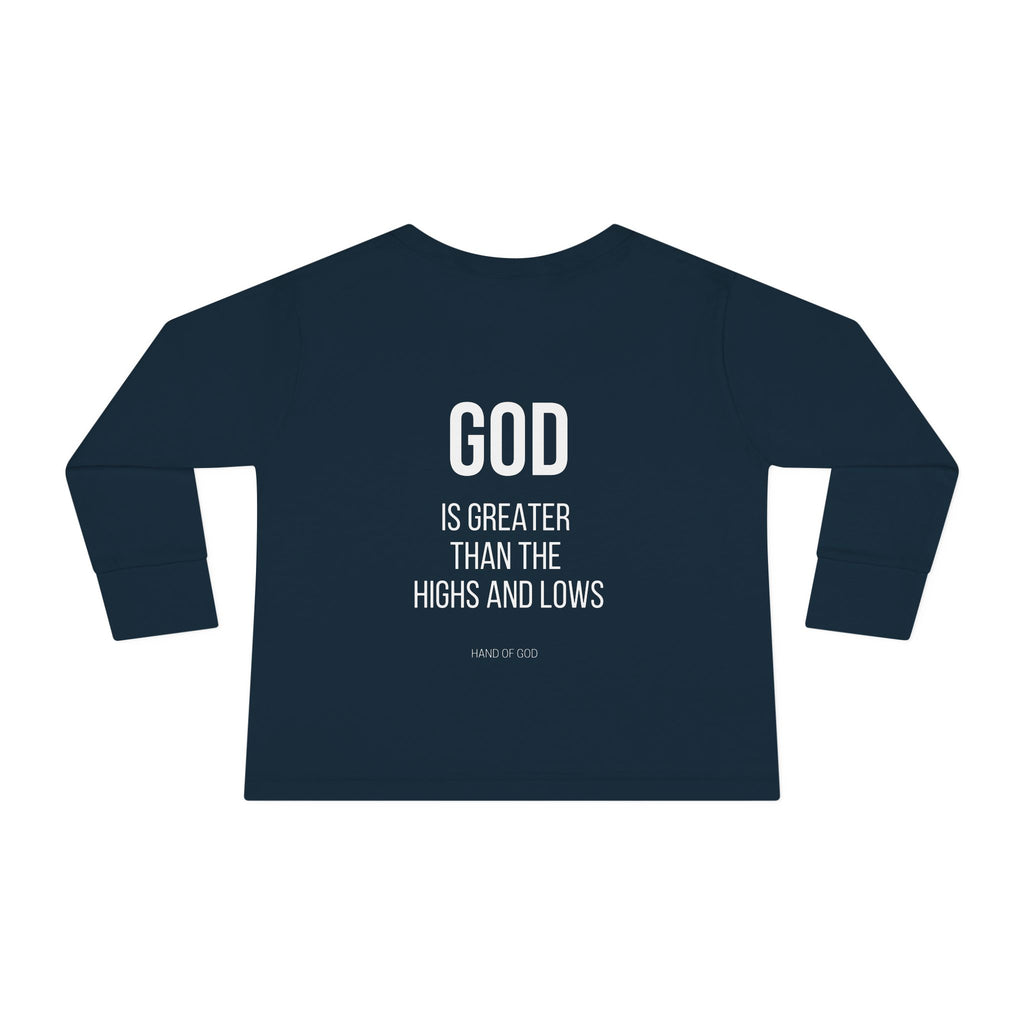 God is Greater Than the Highs and Lows Kids Long Sleeve T-Shirt | Hand of God Christian Apparel